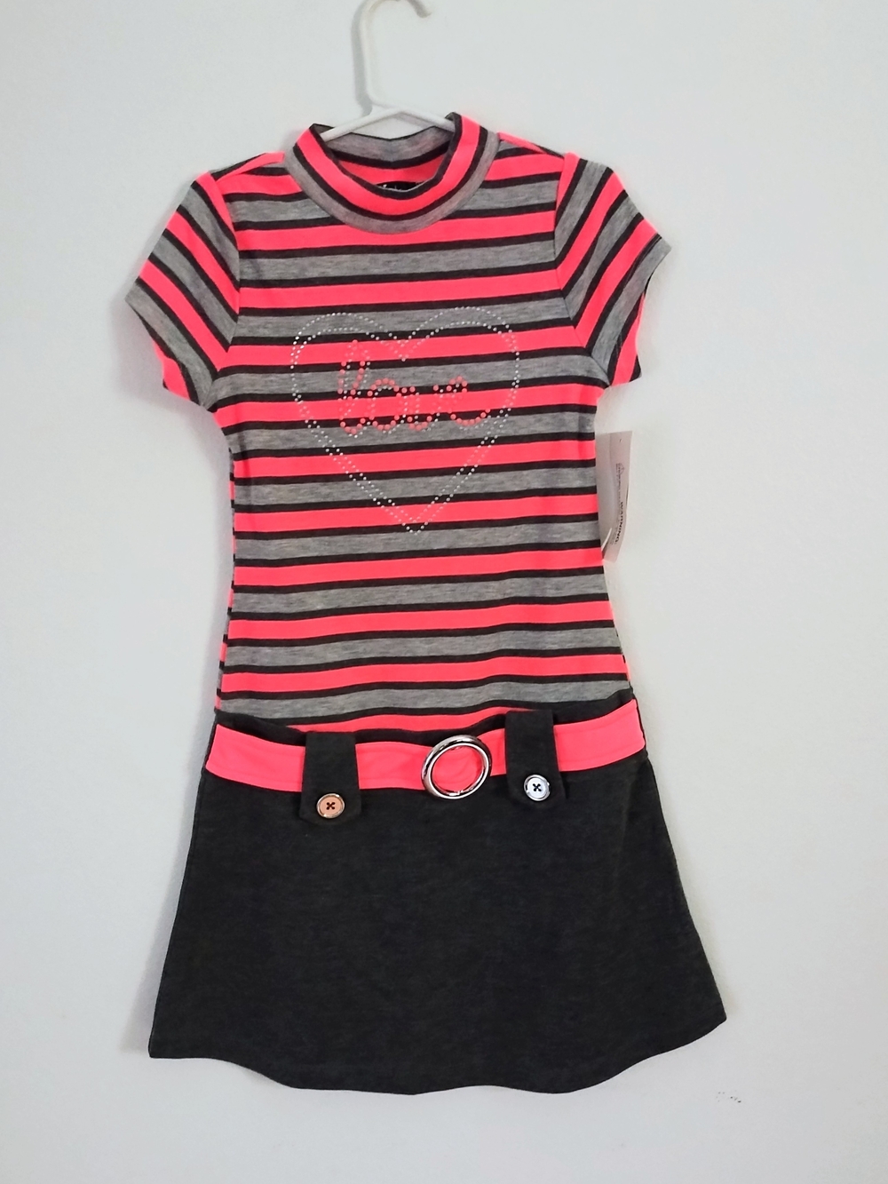 NWT Neon Pink & Gray Striped Casual Dress with Belt, Size 10-12